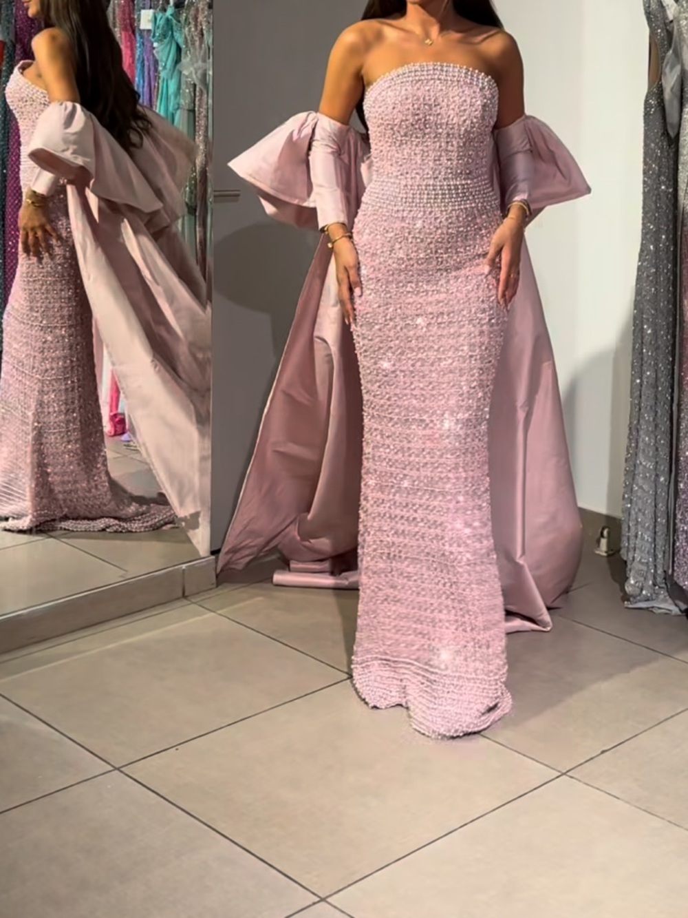 Strapless Pink Beaded Evening Gown with Dramatic Cape